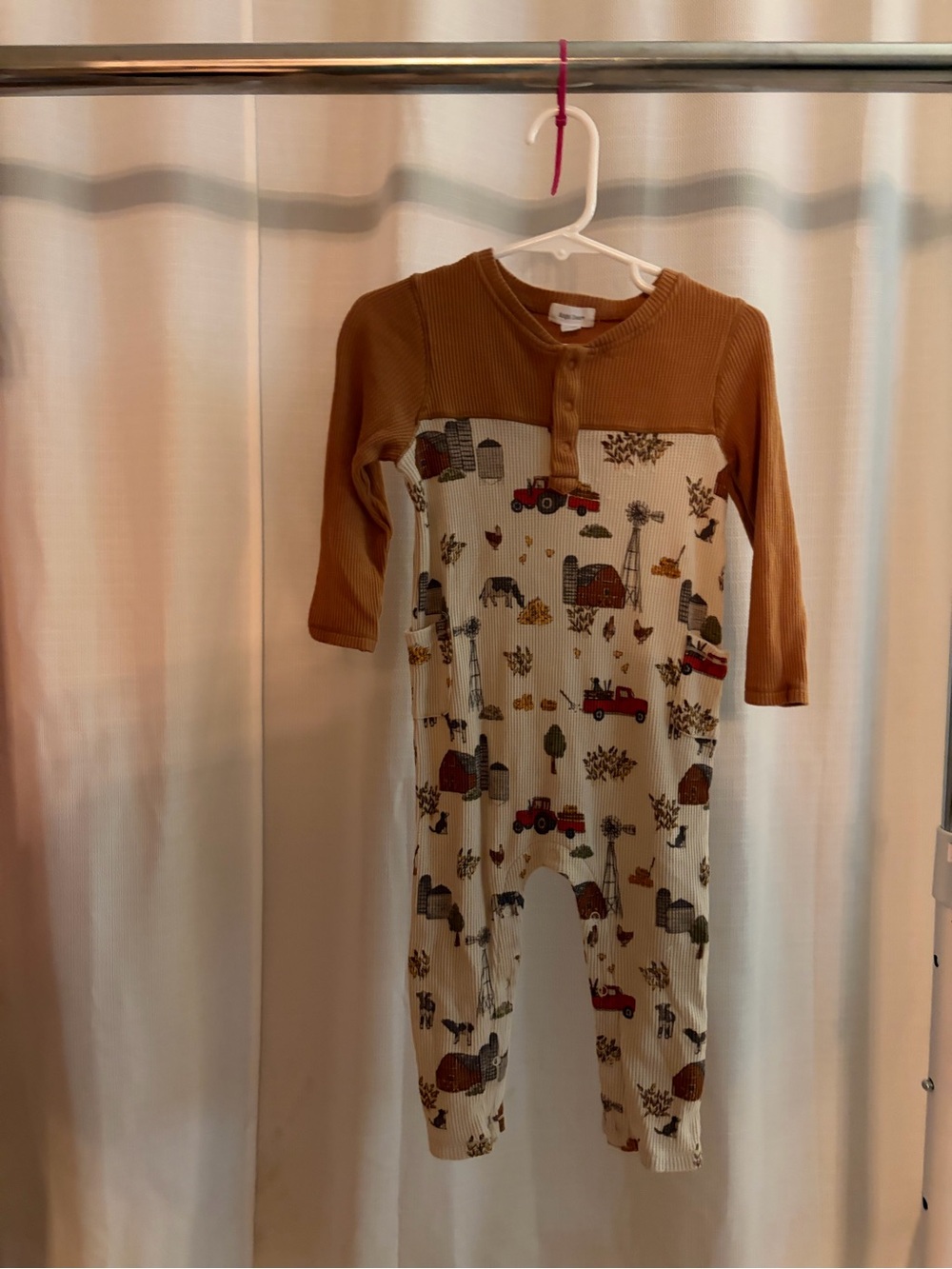 Angel Dear Brown and Cream Farm-Print Ribbed One-Piece